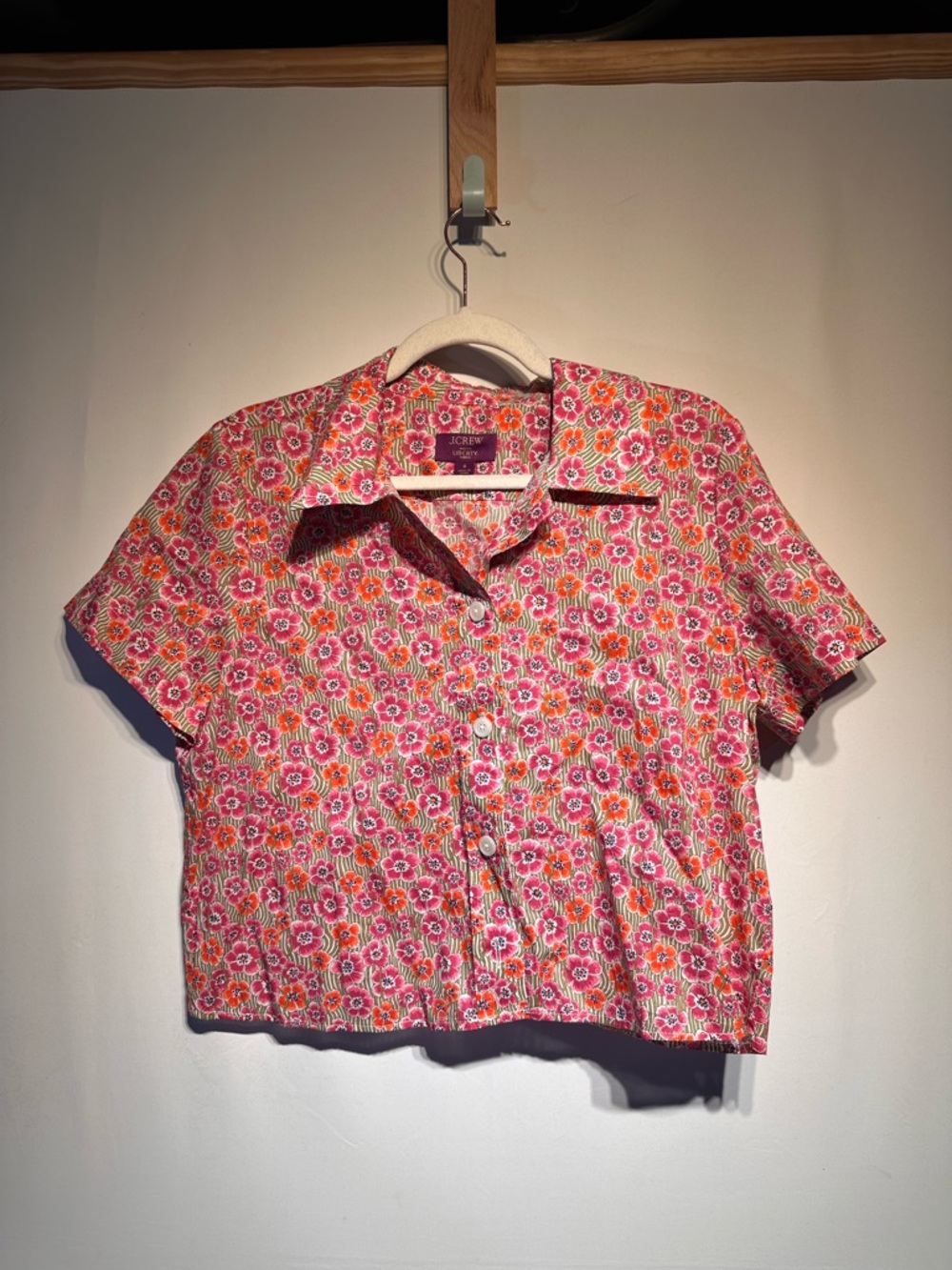J. Crew with Liberty London Fabric Floral Button-Front Short Sleeve Cropped Top